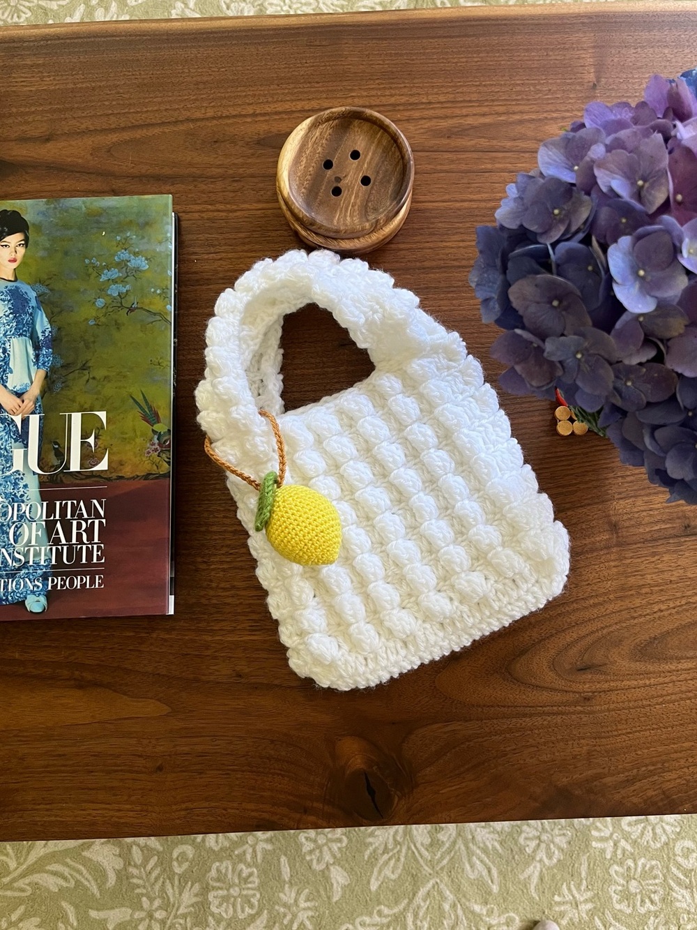 Crochet Puff Bag with Lemon Charm